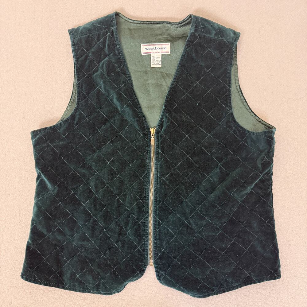 Westbound Casual Vest Womens L Dark Green Quilted Velvet Zip Front Cotton